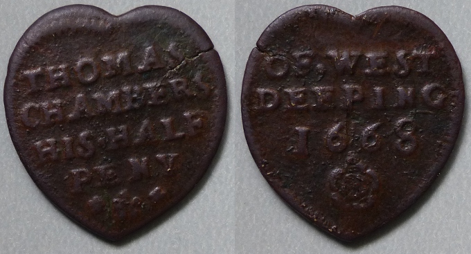 West Deeping, Thomas Chambers 1668 heart-shaped halfpenny token